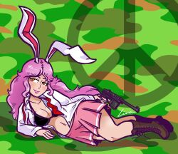 bra camouflage gun large_breasts linaciari miniskirt navel open_shirt peace_symbol reisen_udongein_inaba thick_thighs touhou wide_hips