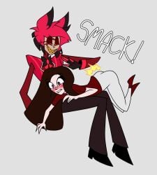 alastor_(hazbin_hotel) bending_over demon demon_girl femsub fngrlshay hazbin_hotel male/female original_character over_the_knee over_the_knee_spanking radio_demon serenity_(oc) smack smooth_skin spank spankable spanked spanking vivienne_medrano