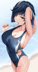 1girls absurd_res breasts cleavage female female_only genshin_impact hi_res large_breasts looking_at_viewer one-piece_swimsuit popsicle sideboob skai_kun solo swimsuit wet yelan_(genshin_impact)