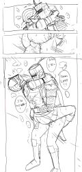 2boys anal anal_sex armor bottomless chosen_undead dark_souls embrace english_text fromsoftware gay head_thrown_back heavy_breathing helmet knight male male_only monochrome penis sketch solaire_of_astora stand_and_carry_position standing_sex v088art yaoi