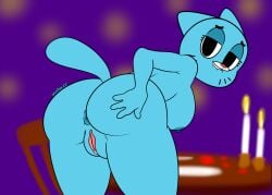 2022 anthro anus ass big_breasts blue_body blue_fur blue_nipples breasts candle cartoon_network digital_drawing_(artwork) digital_media_(artwork) domestic_cat felid feline felis female fur furniture furry furry_only genitals hi_res humanoid_genitalia humanoid_pussy inside looking_back mammal milf nicole_watterson nipples nude presenting presenting_anus presenting_hindquarters presenting_pussy pussy seductive signature skadog slightly_chubby solo table tail the_amazing_world_of_gumball