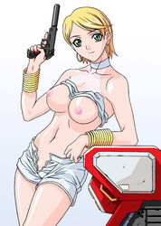 anime_style breasts casual clothing female female_only firearm front_view gun handgun human leaning nipples pale_skin pointy_chin rudoni sheila_crawford short_hair solo spy_fiction suppressor tagme unzipped_shorts weapon