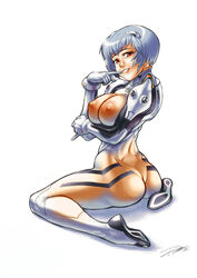 1girls areolae armor ass big_breasts blue_hair bodysuit breasts busty cleavage clothing female female_only from_behind functionally_nude human large_breasts looking_at_viewer neon_genesis_evangelion nipples pale-skinned_female pale_skin pilot_suit plugsuit pose posing red_eyes rei_ayanami sensual short_hair sitting smile solo sterna white_background