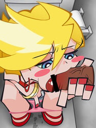 1girls blonde_hair blue_eyes censored dark_penis fellatio fingering glory_hole hoop_earrings interracial kazgok long_hair masturbation official_style oral panties panty_&_stocking_with_garterbelt panty_anarchy penis pussy_juice skirt underwear