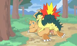 back_view color dragonite female fur furry hinoarashi interspecies male nudity outdoors penis pokemon pokemon_(species) sex straight straight_hair typhlosion vaginal_penetration vulva