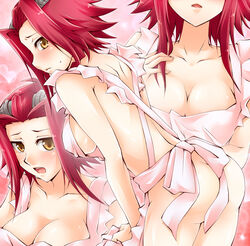 akiza_izinski ass blush breasts cleavage female hair head_out_of_frame human izayoi_aki large_breasts mugicha_(sukimachaya) naked_apron open_mouth red_hair short_hair sideboob solo sukimatyaya sweat thighs yellow_eyes yu-gi-oh! yu-gi-oh!_5d's