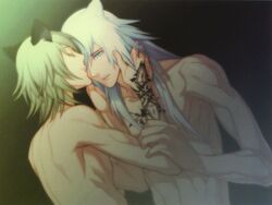 2boys animal_ears blonde_hair blue_eyes cat_ears catboy closed_eyes kissing konoe lamento long_hair multiple_boys nude rai short_hair silver_hair tattoo tattoos yaoi