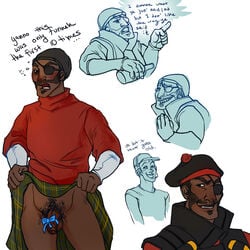 2boys age_difference artist(katya) average_sized_penis baseball_cap bottle bow dark-skinned_male dark_skin demoman dialog english_dialogue english_text exposed_penis eye_patch eyepatch facial_hair flaccid_penis headset holding_object kilt kilt_lift laughing male male_only older_male partially_retracted_foreskin pointing prank presenting_penis ribbon scottish_accent scout sleeveless_shirt soul_patch tam_o'shanter team_fortress_2 tied_penis uncut watch_cap yaoi younger_male