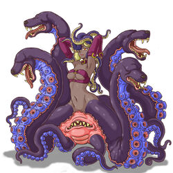 artist_request breasts cleavage dark_skin detached_sleeves fangs hair_over_one_eyes monster_girl mythology navel orange_eyes scylla simple_background tentacle tentacle_girl