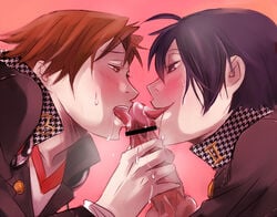 2boys blush blushing brown_eyes censored cum cum_drip hanamura_yousuke ichijo_kou licking licking_penis megami_tensei multiple_boys narukami_yu oral penis persona persona_4 pink_background seta_souji solid_color_background sweat sweatdrop tongue_out yaoi