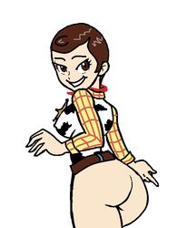 ass back_view bottomless breasts clothing color covered_breasts disney female female_only genderswap genderswap_(mtf) pixar rule_63 solo toy toy_story white_background woody_pride