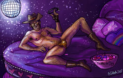 1boy artist(katya) bed bikini_bottom boots bulge candy disco disco_ball erect_nipples facial_hair fingerless_glove hairy_arms hairy_chest hairy_legs hairy_male hairy_stomach hat heart inviting_to_sex looking_to_the_side male male_focus male_only mostly_nude pillow pillows presenting shirtless sniper solo spread_legs studded_collar sunglasses team_fortress_2 tinted_eyewear