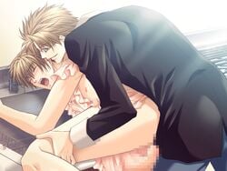 2boys anal bent_over blonde_hair blush censored closed_eyes clothed from_behind glasses good_little_housewife kichiku_megane kitchen leg_lift male multiple_boys naked_apron penetration saeki_katsuya selfcest sex yaoi