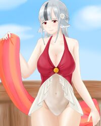 1girls bangs bare_thighs breasts cat_neko_cat1 cleavage female female_only fire_emblem fire_emblem_fates flower grey_hair hair_flower large_breasts long_hair looking_at_viewer multicolored_hair nintendo one-piece_swimsuit outdoors pointy_ears red_eyes red_swimsuit smile solo swimsuit thighs velouria_(fire_emblem)