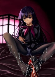 aebafuti bed black_legwear breasts cameltoe clothed_female clothing cum cum_on_body cum_on_feet cum_on_legwear cum_on_lower_body excessive_cum feet female footjob footjob_with_legwear hagoromo_kitsune looking_at_viewer male nurarihyon_no_mago on_bed panties panties_under_pantyhose panties_visible_through_clothing pantyhose pantyshot penis purple_eyes purple_hair sitting white_panties