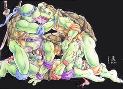 2003 4boys blowjob brown_eyes cum cum_inside donatello donatello_(tmnt) foursome gay green_skin incest insertion leonardo leonardo_(tmnt) male/male male_only michelangelo michelangelo_(tmnt) orgy plastron raphael raphael_(tmnt) semen shell sword teenage_mutant_ninja_turtles tmnt_1987 tongue tongue_out turtle yaoi zen