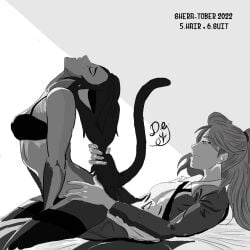 2girls adora arched_back artist_signature black_and_white bottomless bra canon_couple cat_ears cat_tail catgirl catra fem femdom femsub hair_pull implied_strap-on la_dama_gorrion lesbian_sex pleasure_face reverse_cowgirl_position she-ra_and_the_princesses_of_power smug stockings suit suit_and_tie text thighhighs underwear yuri