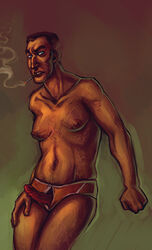 1boy artist(katya) blue_eyes cigarette erect_nipples erection gay inviting_to_sex large_areolae legs_together looking_at_viewer male male_only moobs open_fly penis_out presenting_penis scars smoke soldier solo team_fortress_2 underwear_only