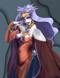 cape chrono_trigger cleavage crown earrings erect_nipples jewelry long_hair lowres nipple_slip nipples pale_skin purple_eyes purple_hair queen_zeal sakata3 solo violet_eyes