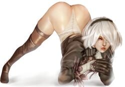 1girls ass blue_eyes female female_only hair_over_one_eye hi_res jack-o_pose nier:_automata solo thighhighs thighs white_background white_hair yoracrab yorha_2b