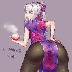 ass bangs bare_arms blunt_bangs bow bowl china_dress chinese_clothes chopsticks commentary_request dress eyebrows eyebrows_visible_through_hair eyeliner eyeshadow female floral_print food from_behind grey_background hairbow hand_on_hip holding idolmaster idolmaster_(classic) leaning_forward lipstick long_hair looking_back makeup noodles pantyhose parted_lips photoshop_(medium) ponytail profile purple_eyes ramen ribbon shijou_takane sidelocks signature silver_hair sleeveless sleeveless_dress solo steam updo yoshiwa_tomo