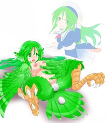 animal_ears azenmei bangs before_and_after bird_ears bird_legs bird_tail blush breasts commentary_request cross cross_necklace crying egg egg_laying feathered_wings female green_eyes green_hair green_wings hair_between_eyes harpy jewelry large_breasts long_hair monster_girl monsterification multiple_views necklace nipples open_mouth original pregnant pussy school_uniform serafuku simple_background tail tail_feathers talons white_background winged_arms wings