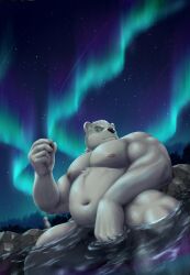 1boy 2022 absurd_res anthro aurora_borealis belly big_belly black_nose detailed_background eyewear fur glasses guadr hi_res humanoid_hands kemono leib_(tokyo_afterschool_summoners) lifewonders male male_only mammal moobs navel nipples outside overweight overweight_male polar_bear sitting solo tokyo_afterschool_summoners ursid ursine video_games water white_body white_fur