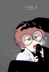 blowjob blush boss_(underworld_office) eugene_(underworld_office) femboy gay gay_sex glasses grabbing saliva underworld_office