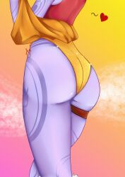 1girls ass ass ass_focus backside bare_legs butt_focus clothed clothed_female clothing curvy curvy_figure dress dress_lift female female female_only heart heart league_of_legends olesanaushhh purple_body purple_skin rear_view solo soraka standing tattoo wide_hips