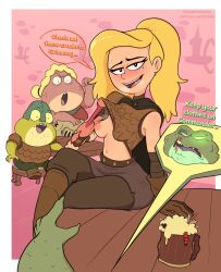 amphibia blonde_hair braddock_(amphibia) captain_grime exhibitionism exposed_breasts female female_focus gametimeasia lifting_shirt percy_(amphibia) sasha_waybright smooth_skin tagme