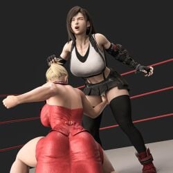 2girls 3d abs belly_button big_breasts blonde_hair breasts brown_hair catfight closed_eyes cuntbusting daz_studio earrings exposed_panties female female_only fight fighting_ring final_fantasy final_fantasy_vii final_fantasy_vii_remake fingerless_gloves gcb hair_pull low_blow microskirt midriff milf miniskirt open_mouth pain panties punch red_dress scarlet_(ffvii) skirt smooth_skin stockings teeth_showing tifa_lockhart uppercut upskirt vagina white_underwear wrestling yelling