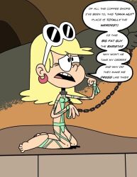 blonde_hair chained chains collarbone commentary confused confused_look crossover kneeling leash leni_loud nickelodeon purple_monke_(artist) skimpy skimpy_clothes slave slave_outfit slavegirl the_loud_house