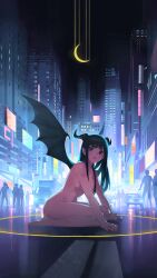 1girls black_hair ddal demon demon_girl female female_only horns kneeling light-skinned_female moon nude nude_female original original_character public wings