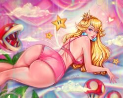 1girls 2022 ass big_ass big_breasts big_butt blackfurya blonde_hair blue_eyes bra breasts bubble_ass bubble_butt cloud clouds crown dat_ass earrings female fishnet_legwear huge_ass huge_butt laying_down long_hair mario_(series) nintendo pink_lips pink_lipstick piranha_plant princess_peach shiny_ass shiny_butt shiny_skin star super_mario_bros. super_mushroom underwear yellow_hair