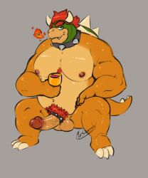 2022 accessory anthro balls belly big_belly bowser cock_ring collar erection genitals hair hi_res humanoid_genitalia humanoid_hands humanoid_penis jewelry koopa male male_only mario_(series) moobs nintendo nipples overweight overweight_anthro overweight_male penis penis_accessory penis_jewelry pubes pure_command red_hair scalie shell simple_background sitting solo spiked_cock_ring spiked_collar spiked_shell spikes spikes_(anatomy) video_games