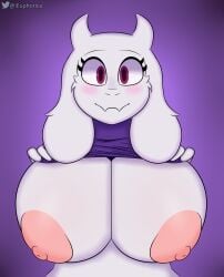 big_breasts bovid breasts caprine clothed clothing clothing_lift embarrassed euphorica female goat hi_res looking_at_viewer mammal nipples presenting purple_clothing solo toriel undertale_(series)