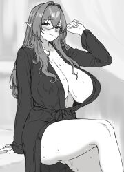 bangs bathrobe blush breasts brown_haired_glasses_elf_(houtengeki) cleavage collarbone covered_nipples elf female glasses greyscale highres houtengeki huge_breasts long_hair long_sleeves looking_at_viewer mature_female milf monochrome original pointy_ears solo sweat thighs