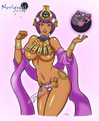 bare_thighs belly_dancer belly_dancer_outfit bob_cut breasts dark-skinned_female egyptian female female_only green_eyes headdress jewelry looking_at_viewer menace menace_(cosplay) menat noriyuki83 purple_hair queen's_blade revealing_clothes smile solo solo_female standing street_fighter street_fighter_v underboob