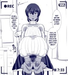 1girls amazon_(taitaitaira) big_breasts dark-skinned_female dark_skin english_text filming huge_breasts large_breasts natsuki_(amazon) nipple_bulge original short_hair skirt speech_bubble sweater text