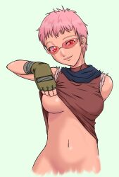 areolae border_break brown_gloves female fingerless_gloves glasses large_breasts navel parted_lips pink_hair raga red_eyes short_hair solo very_short_hair