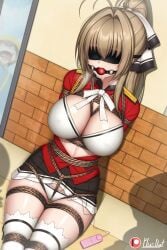 1girls amagi_brilliant_park arms_behind_back ball_gag big_breasts black_skirt blindfold blonde_hair blush bondage buttons crazy_smile crotch_rope frilled_skirt gag gagged hair_ribbon legs_tied legs_together massive_breasts mirror mirror_reflection open_clothes open_shirt plusout ponytail red_shirt sento_isuzu shadow sitting skirt_up solo solo_focus uniform vibrator vibrator_under_clothes vibrator_under_panties white_bra white_legwear white_panties white_stockings