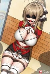 1girls amagi_brilliant_park arms_behind_back ball_gag big_breasts black_skirt blindfold blonde_hair blush bondage buttons crazy_smile crotch_rope frilled_skirt gag gagged hair_ribbon legs_tied legs_together massive_breasts mirror mirror_reflection open_clothes open_shirt plusout ponytail red_shirt sento_isuzu shadow sitting skirt_up solo solo_focus uniform white_bra white_legwear white_panties white_stockings