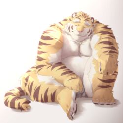 2022 absurd_res anthro belly big_belly bulge closed_eyes felid hi_res humanoid_hands kemono male mammal meimei_kia overweight overweight_male pantherine pink_nose simple_background sitting solo tiger white_body yellow_body