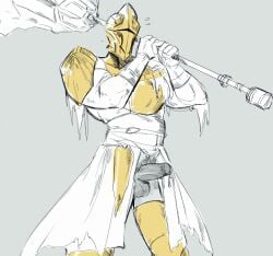 armor badbaras colored_sketch dark_souls erection fromsoftware helmet knight male male_only male_pubic_hair masked masked_male muscular muscular_male no_underwear paladin_leeroy penis penis_out precum precum_drip restricted_palette solo uncensored weapon