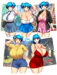 1girls bakunyuu bangs bare_shoulders blue_denim blue_denim_shorts blue_hair blue_necktie blue_neckwear blue_shorts blue_skirt blunt_bangs breasts bursting_breasts character_name character_profile cleavage collarbone costume_chart covering_breasts curvaceous denim_shorts dress enormous_breasts erkazooya errorkazoo fully_clothed hair_ornament hair_scrunchie hand_sign hi_res high_resolution highres hourglass_figure huge_breasts jacket legwear looking_at_viewer massive_breasts microdress microskirt minidress miniskirt multiple_views necklace necktie neckwear original original_character overflowing_breasts red_dress red_eyes red_hair_ornament red_microdress red_minidress red_scrunchie rina_atherina rina_atherina_(errorkazoo) scrunchie shirt short_dress short_hair single_female single_girl skirt smile smiling_at_viewer solo solo_female strap_dress thighhighs top_heavy_breasts twintails v_sign voluptuous white_hair_ornament white_legwear white_scrunchie white_thighhighs yellow_hair_ornament yellow_scrunchie