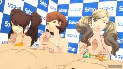 3d 3girls ann_takamaki atlus bikini blowjob clothing female human kikanshalewds kujikawa_rise lovers_arcana male male/female paizuri pale_skin persona persona_3 persona_4 persona_5 photoshoot sofmap_wall swimwear yukari_takeba