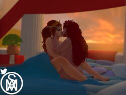 2girls 3d ass bed bedroom blender brown_hair closed_eyes completely_nude crown greek_mythology hera_(smite) hugging kissing makeup middlemansfm naked nude nude_female persephone_(smite) pink_skin red_hair smite sunset yuri