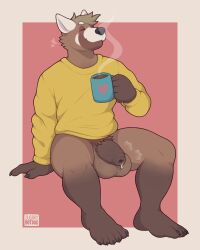 1boy absurd_res anthro balls beverage big_balls bodily_fluids clothing coffee foreskin genital_fluids genitals heart hi_res male male_only mammal no_pants penis procyonid pubes raccoon smile solo solo_focus sugaryhotdog sweater topwear