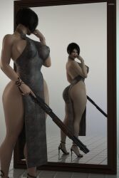 1girls 3d ada_wong ada_wong_(adriana) ass breasts cga3d dress erotichris female female_only firearm gun high_heels human large_ass large_breasts mirror open_toe_shoes pale_skin reflection resident_evil resident_evil_2 resident_evil_2_remake shoes shotgun sideboob solo thick_thighs thighs weapon wide_hips