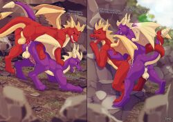 activision anal anal_sex anus ass backsack balls bodily_fluids cum cum_in_ass cum_inside dialogue dragon duo feral feral_on_feral feral_penetrated feral_penetrating feral_penetrating_feral flame_(spyro) furryratchet genital_fluids genitals hi_res horn male male/male male_only male_penetrated male_penetrating male_penetrating_male outside penetration penile penile_penetration penis_in_ass purple_body purple_scales red_body red_scales rock scales scalie spyro spyro_the_dragon switch_(disambiguation) video_games wings